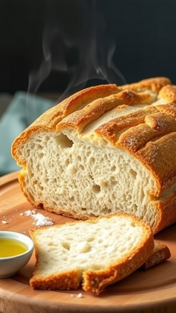 Ultimate Sourdough Bread Guide Freshly baked sourdough bread with a golden crust and airy crumb on a wooden board.
